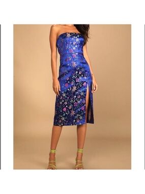 Lulu's Royal Blue Floral Strapless Satin Midi Dress